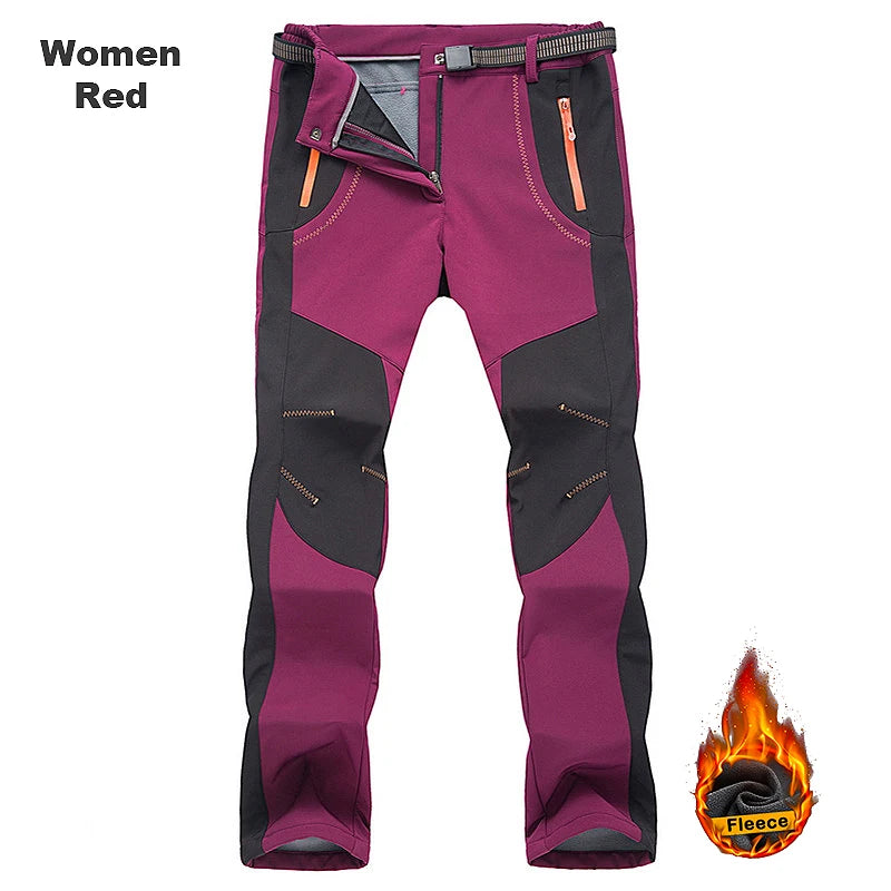 JNLN Men Women Fleece Winter Pants Ski Trekking Hiking Camping Waterproof Pants Outdoor Soft Shell Thick Thermal Cargo Trousers