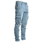 Street Elastic Jeans Men Denim Cargo Pants Wash Solid Color Multi Pockets Casual Mid Waist Trousers Slim Fit Daily Wear Joggers