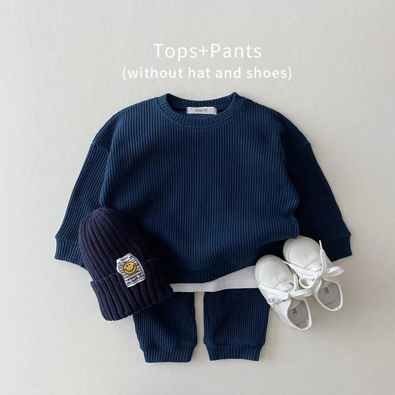 2023 Korea Toddler Baby Clothing Sets For Infant Baby Boys Clothes Set Mock Two-piece Waffle Cotton Sweatshirt+Pants 2pcs Outfit