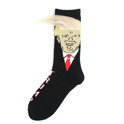 Funny and Funny Donald Trump Presidential Socks With 3D Fake Hair Round Neck Socks for Men's Street Clothing Hip Hop Socks