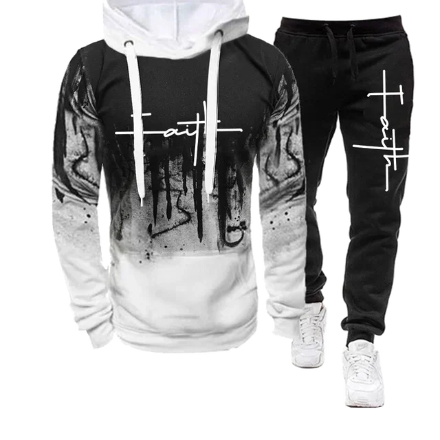 Fashion Faith Print Autumn Men's Casual Tracksuit Men Sweatshirts and Sweatpants Two Pieces Sets Sportswear Plus Size customized