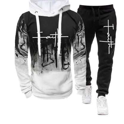 Fashion Faith Print Autumn Men's Casual Tracksuit Men Sweatshirts and Sweatpants Two Pieces Sets Sportswear Plus Size customized