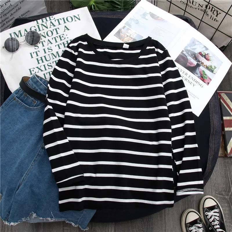 1PC Spring and Autumn Winter Black Striped Top with Foreign Style Ins Bottom Shirt Women Long Sleeve T-shirt