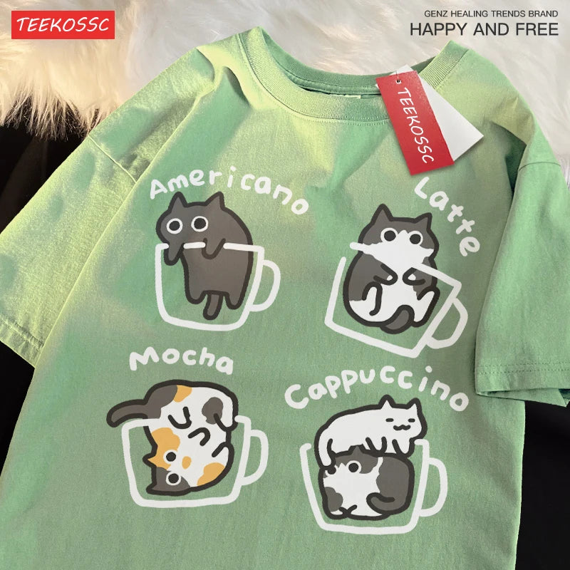 Cat Coffee Pure Cotton Trendy Summer Loose Short Sleeved T-shirt Men Women Original Mocha Latte Cat Three Flowers Fun Cat Tees