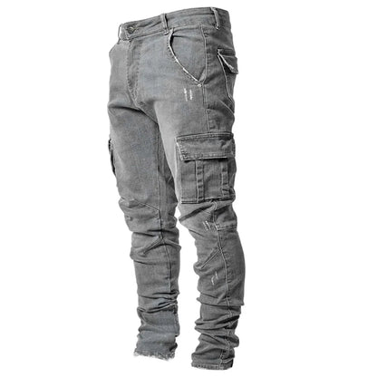 Men Street Elastic Denim Brand Jeans Narrow Legs Multi Pockets Cargo Pants Casual Slim Fit Daily Wear Joggers Mid Waist Trousers