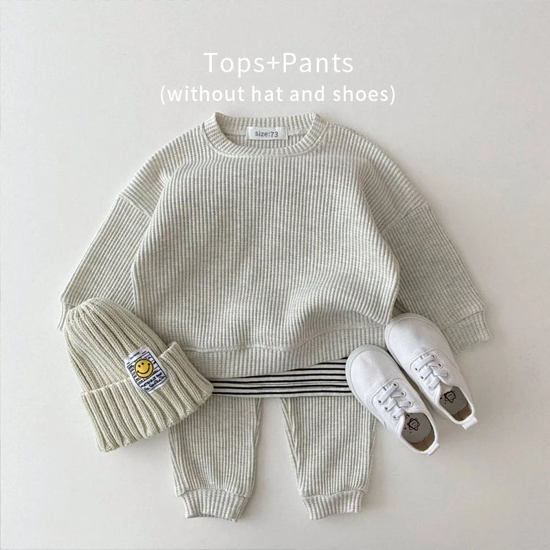 2023 Korea Toddler Baby Clothing Sets For Infant Baby Boys Clothes Set Mock Two-piece Waffle Cotton Sweatshirt+Pants 2pcs Outfit