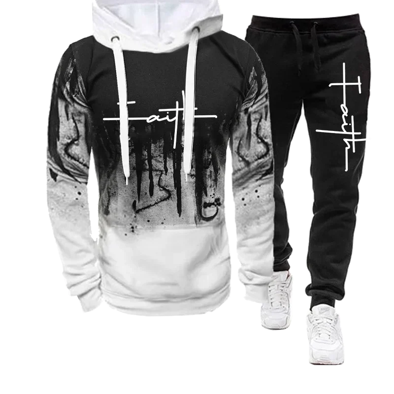 Fashion Faith Print Autumn Men's Casual Tracksuit Men Sweatshirts and Sweatpants Two Pieces Sets Sportswear Plus Size customized