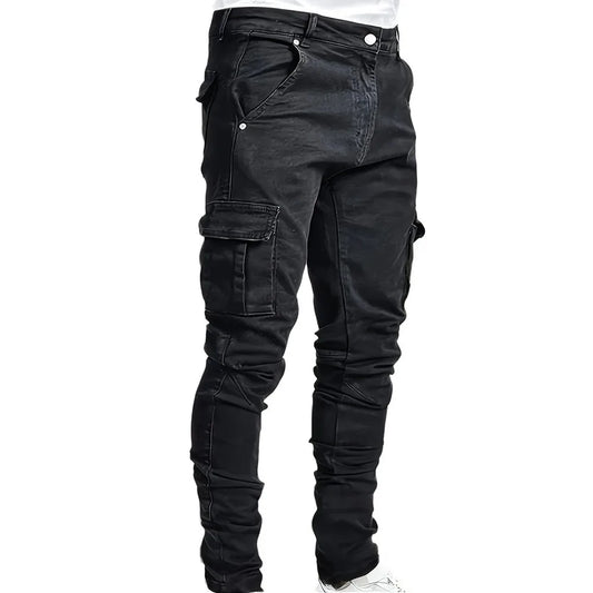 Men Street Elastic Denim Brand Jeans Narrow Legs Multi Pockets Cargo Pants Casual Slim Fit Daily Wear Joggers Mid Waist Trousers