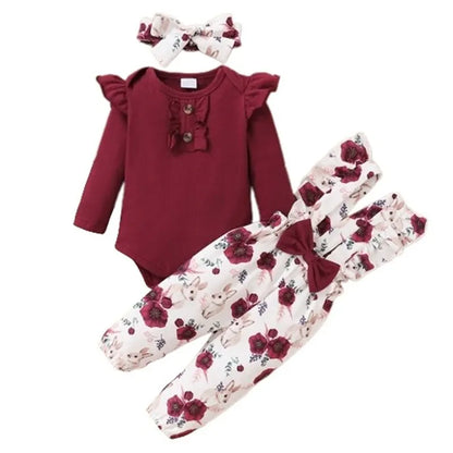 0-24 Months Newborn Baby Girl 3PCS Clothes Set Long Sleeve Romper+Flower Strap Pants+Headband Spring&Autumn Lovely Outfit