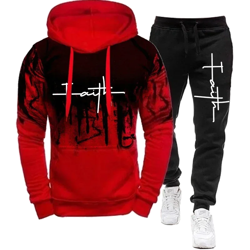 Fashion Faith Print Autumn Men's Casual Tracksuit Men Sweatshirts and Sweatpants Two Pieces Sets Sportswear Plus Size customized