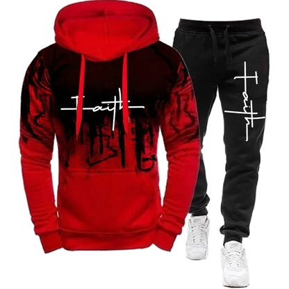 Fashion Faith Print Autumn Men's Casual Tracksuit Men Sweatshirts and Sweatpants Two Pieces Sets Sportswear Plus Size customized