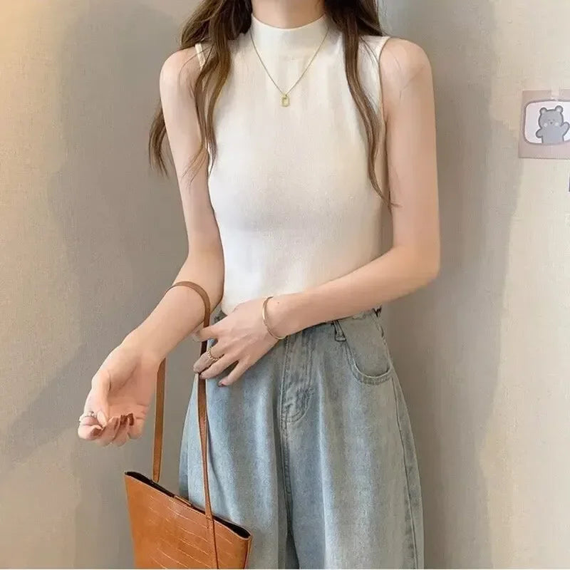 New Women's Solid Color Top Temperament High-Grade Sense With Knitted Sweater Bottom Shirt Halter Vest Short Sleeveless