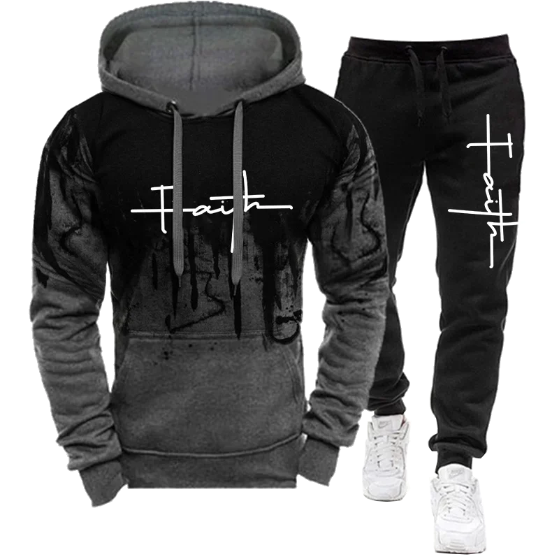 Fashion Faith Print Autumn Men's Casual Tracksuit Men Sweatshirts and Sweatpants Two Pieces Sets Sportswear Plus Size customized