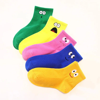 5 Pairs Kids Socks Cute Funny Face Emoticons Pattern Comfortable Breathable Boys Girls Socks