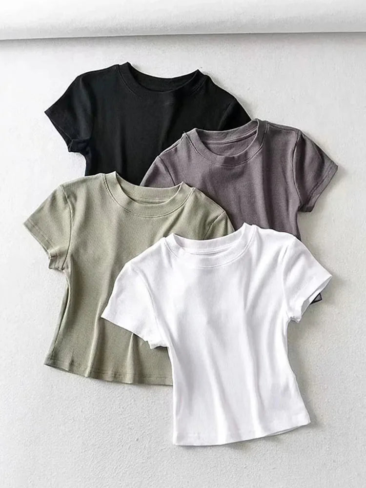 Summer Sexy Women O-neck Short-sleeve T-shirt Slim Elastic Skinny Crop Tops