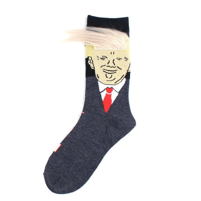 Funny and Funny Donald Trump Presidential Socks With 3D Fake Hair Round Neck Socks for Men's Street Clothing Hip Hop Socks