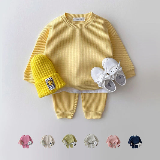 2023 Korea Toddler Baby Clothing Sets For Infant Baby Boys Clothes Set Mock Two-piece Waffle Cotton Sweatshirt+Pants 2pcs Outfit