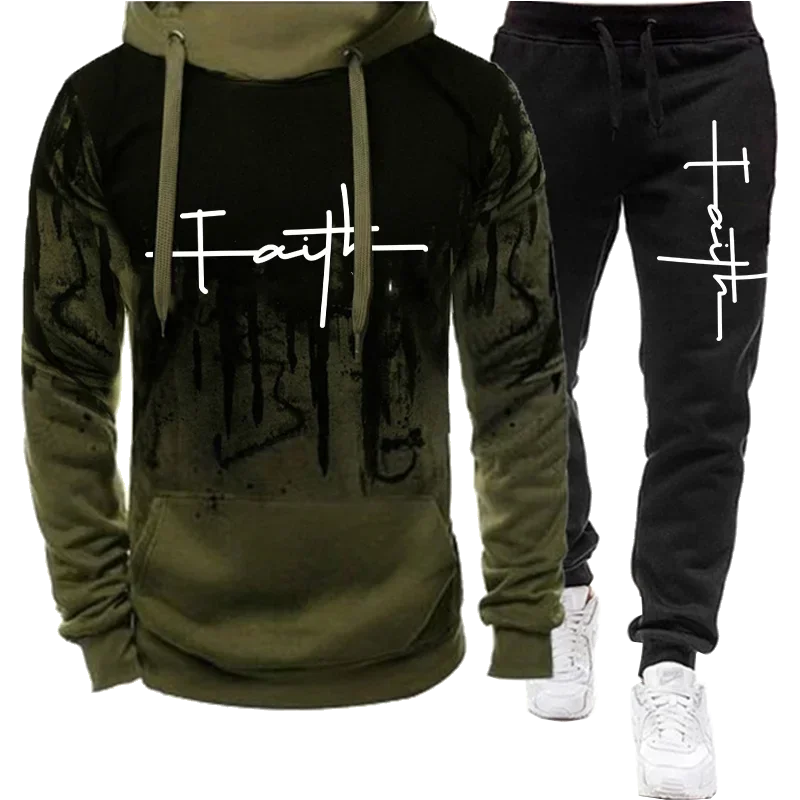 Fashion Faith Print Autumn Men's Casual Tracksuit Men Sweatshirts and Sweatpants Two Pieces Sets Sportswear Plus Size customized