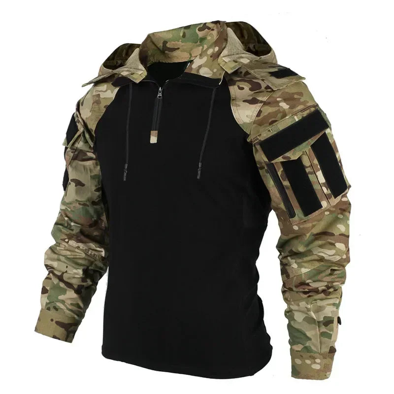 Outdoor Shirts Camo Combat T-Shirt Hooded Mens Working Tactical Shirt Airsoft Paintball Camping Hunting Clothing Wear-resisting