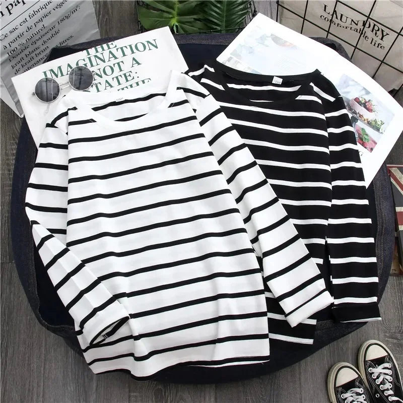 1PC Spring and Autumn Winter Black Striped Top with Foreign Style Ins Bottom Shirt Women Long Sleeve T-shirt