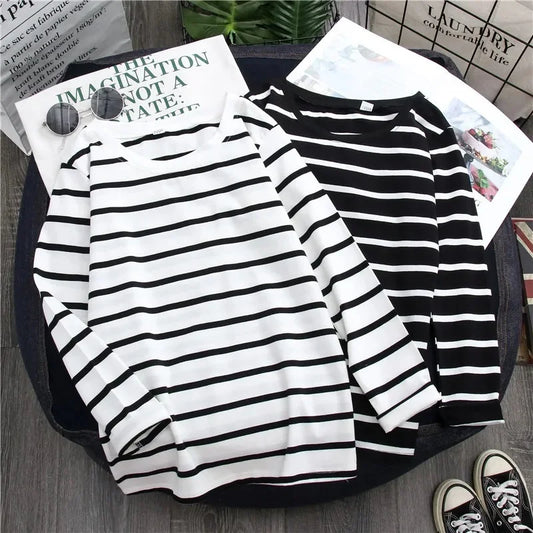 1PC Spring and Autumn Winter Black Striped Top with Foreign Style Ins Bottom Shirt Women Long Sleeve T-shirt