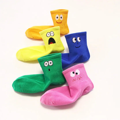 5 Pairs Kids Socks Cute Funny Face Emoticons Pattern Comfortable Breathable Boys Girls Socks