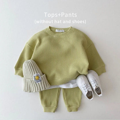 2023 Korea Toddler Baby Clothing Sets For Infant Baby Boys Clothes Set Mock Two-piece Waffle Cotton Sweatshirt+Pants 2pcs Outfit