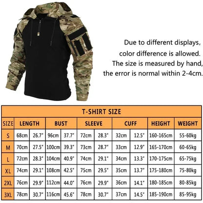 Outdoor Shirts Camo Combat T-Shirt Hooded Mens Working Tactical Shirt Airsoft Paintball Camping Hunting Clothing Wear-resisting