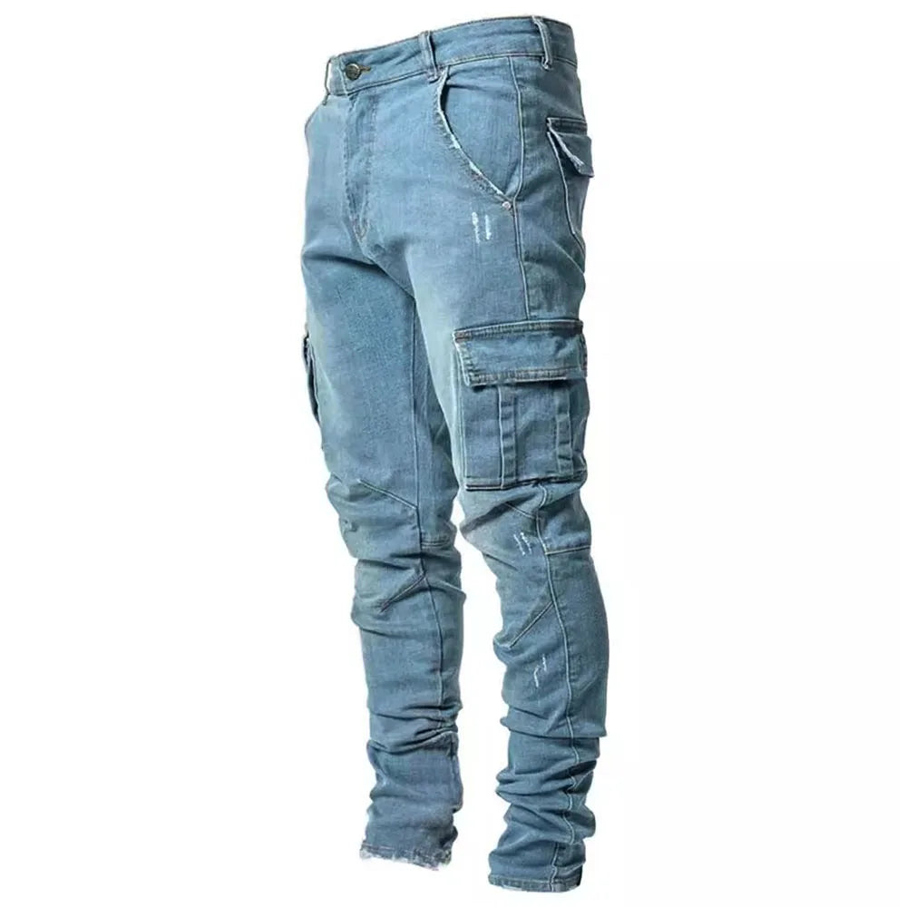 Men Street Elastic Denim Brand Jeans Narrow Legs Multi Pockets Cargo Pants Casual Slim Fit Daily Wear Joggers Mid Waist Trousers