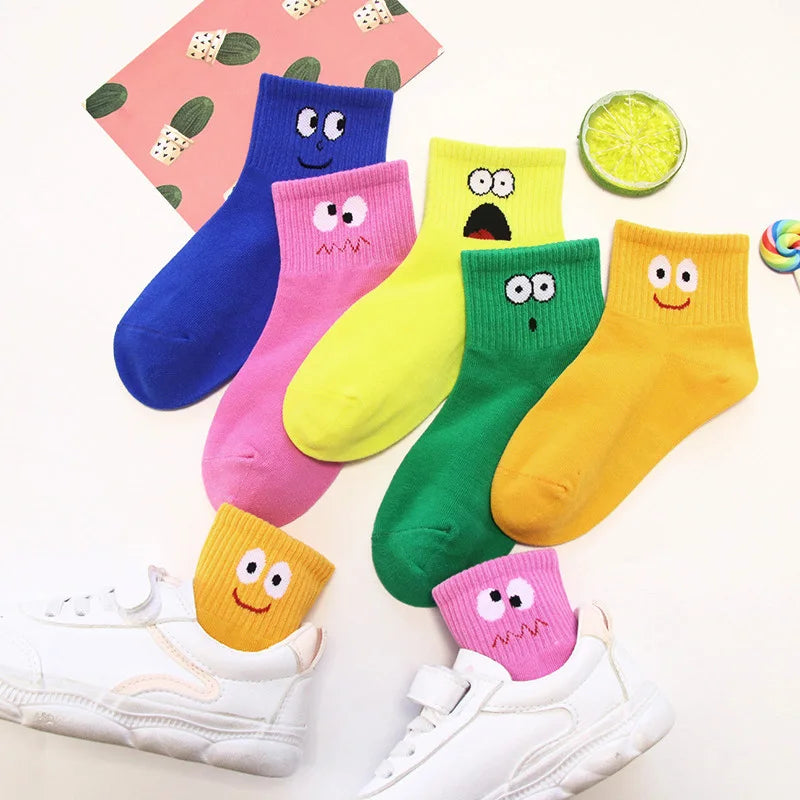 5 Pairs Kids Socks Cute Funny Face Emoticons Pattern Comfortable Breathable Boys Girls Socks