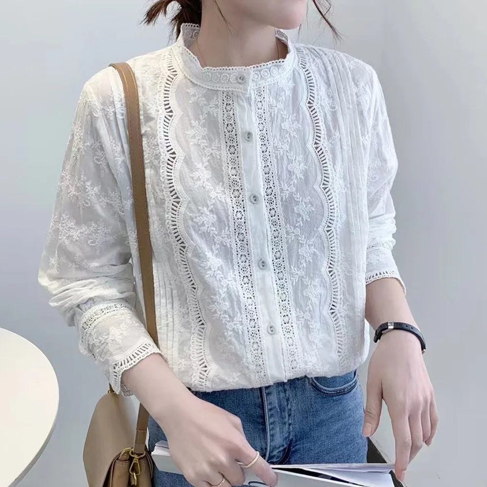 Fine elegant blouses for women boho long sleeve lace embroider hollow out blouses for lady shirts fashion women's clothing 2025