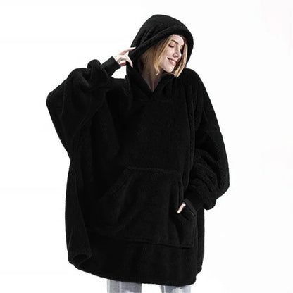 Women Winter Thick Warm Hooded Outerwear Solid Elegant Soft Double Fleece Jacket Unisex Pocket Pullover Long Hoodies Home Wear