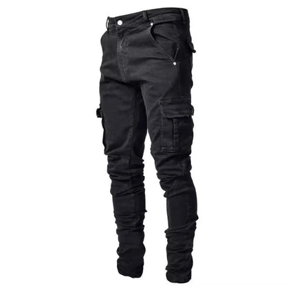 Men Street Elastic Denim Brand Jeans Narrow Legs Multi Pockets Cargo Pants Casual Slim Fit Daily Wear Joggers Mid Waist Trousers