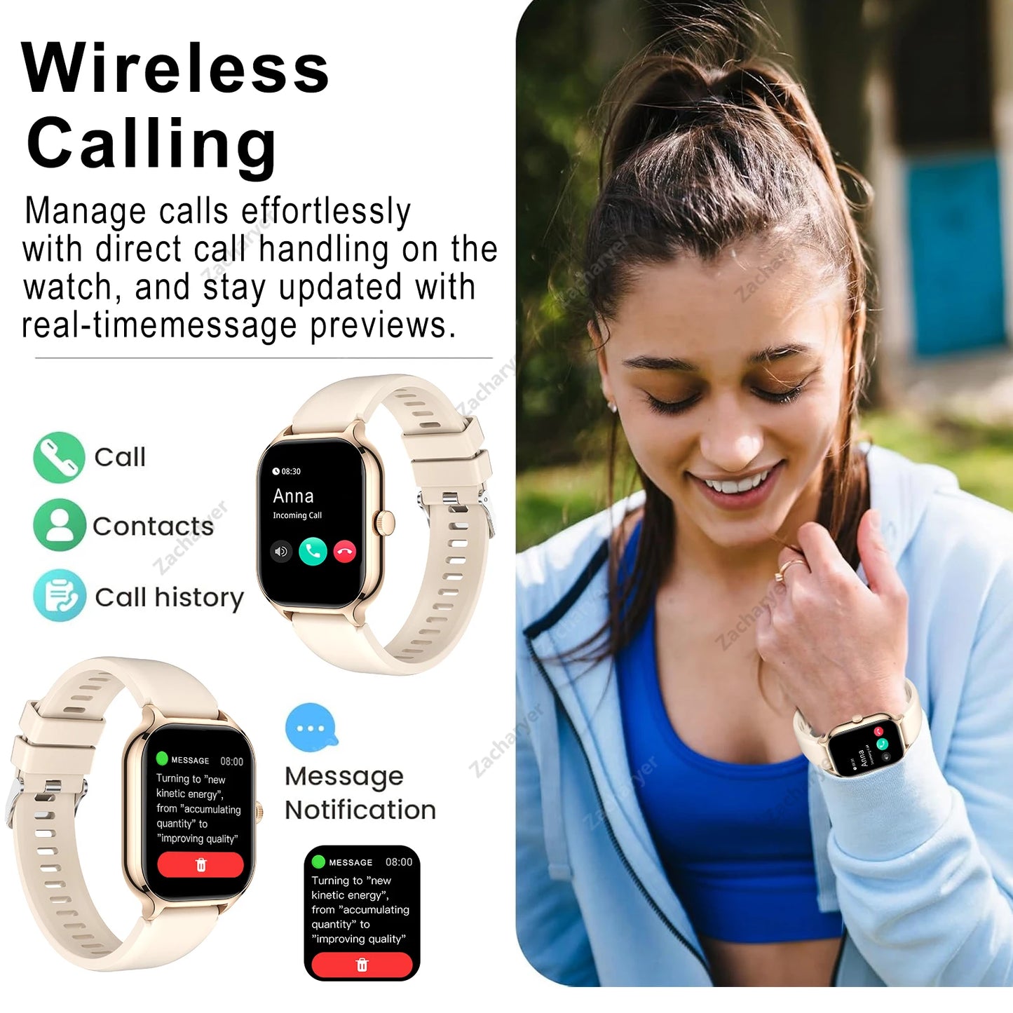 Smart watch full touch screen, sports watch, can answer and make calls, with message reminders, customizable dial wallpaper and