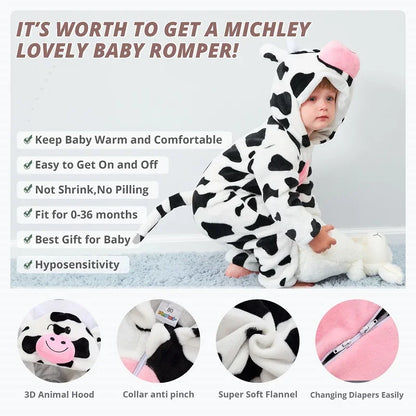 MICHLEY Winter Baby Rompers Hooded Flannel Cosplay Toddler Infant Clothes Overall Bodysuits Jumpsuit Costume For Kids Girl Boy